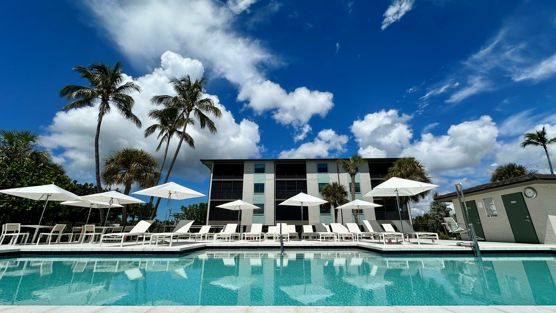 The pool is heated seasonally, has a chairlift, outdoor showers & restrooms.